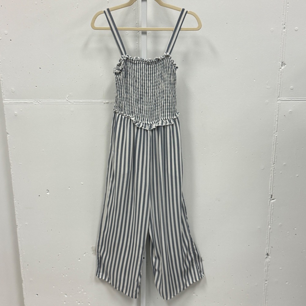 Speechless Blue White Striped Smocked Wide Leg Cropped Jumpsuit Small Resortwear